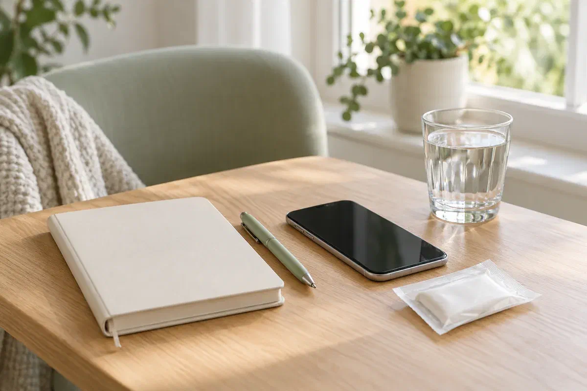 Illustrative follow-up notebook and phone beside water and packaged gauze