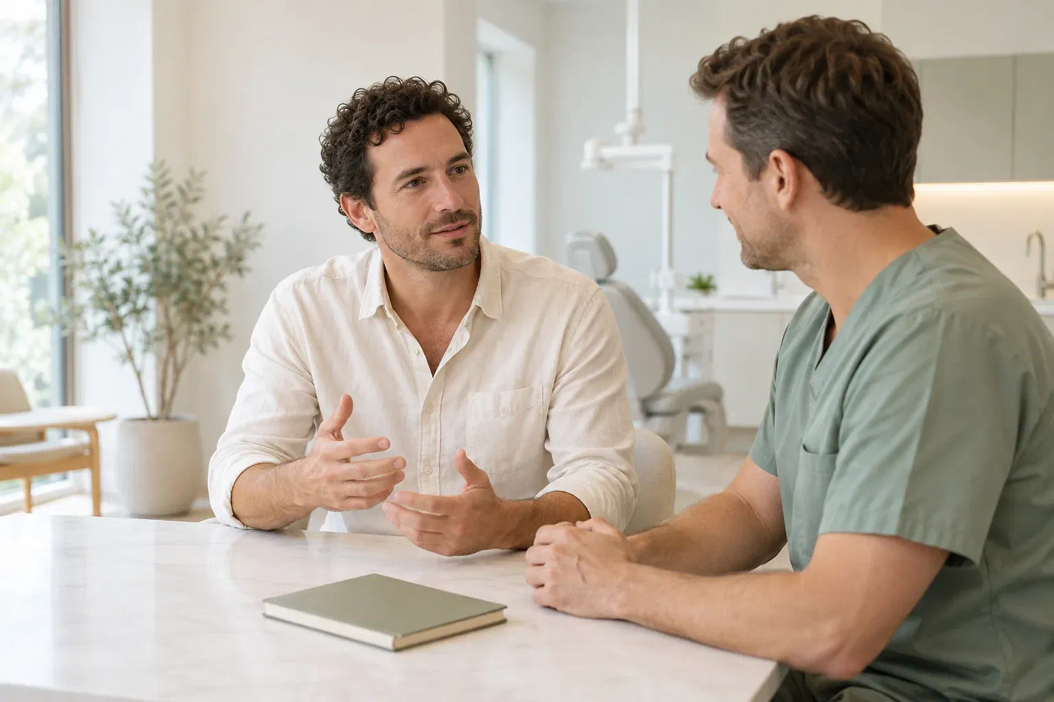 Illustrative patient discussing a concern after dental surgery with a clinician