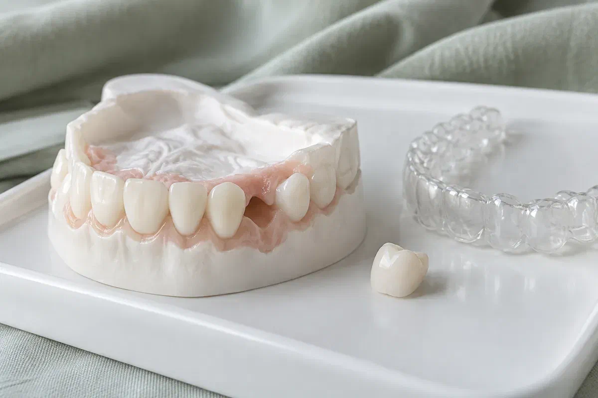 Illustrative tooth model, ceramic crown sample, and clear aligner on a consultation tray