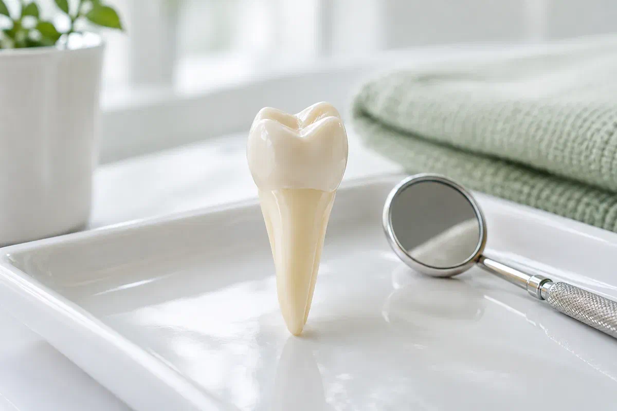 An intact premolar teaching model with a narrow root beside a dental mirror
