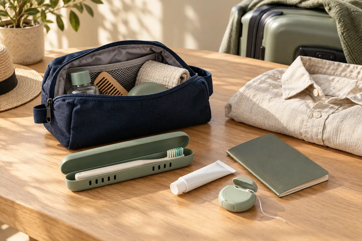 A travel toiletry pouch with a toothbrush, toothpaste, and floss beside packed clothing