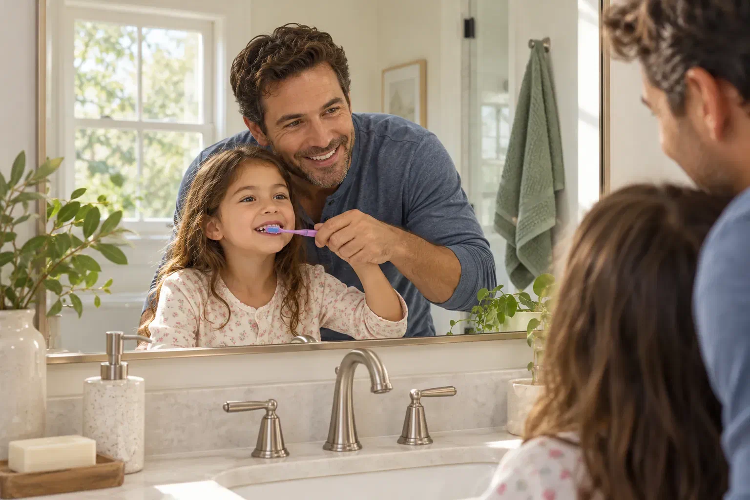 A parent helping a young child brush at a bathroom sink