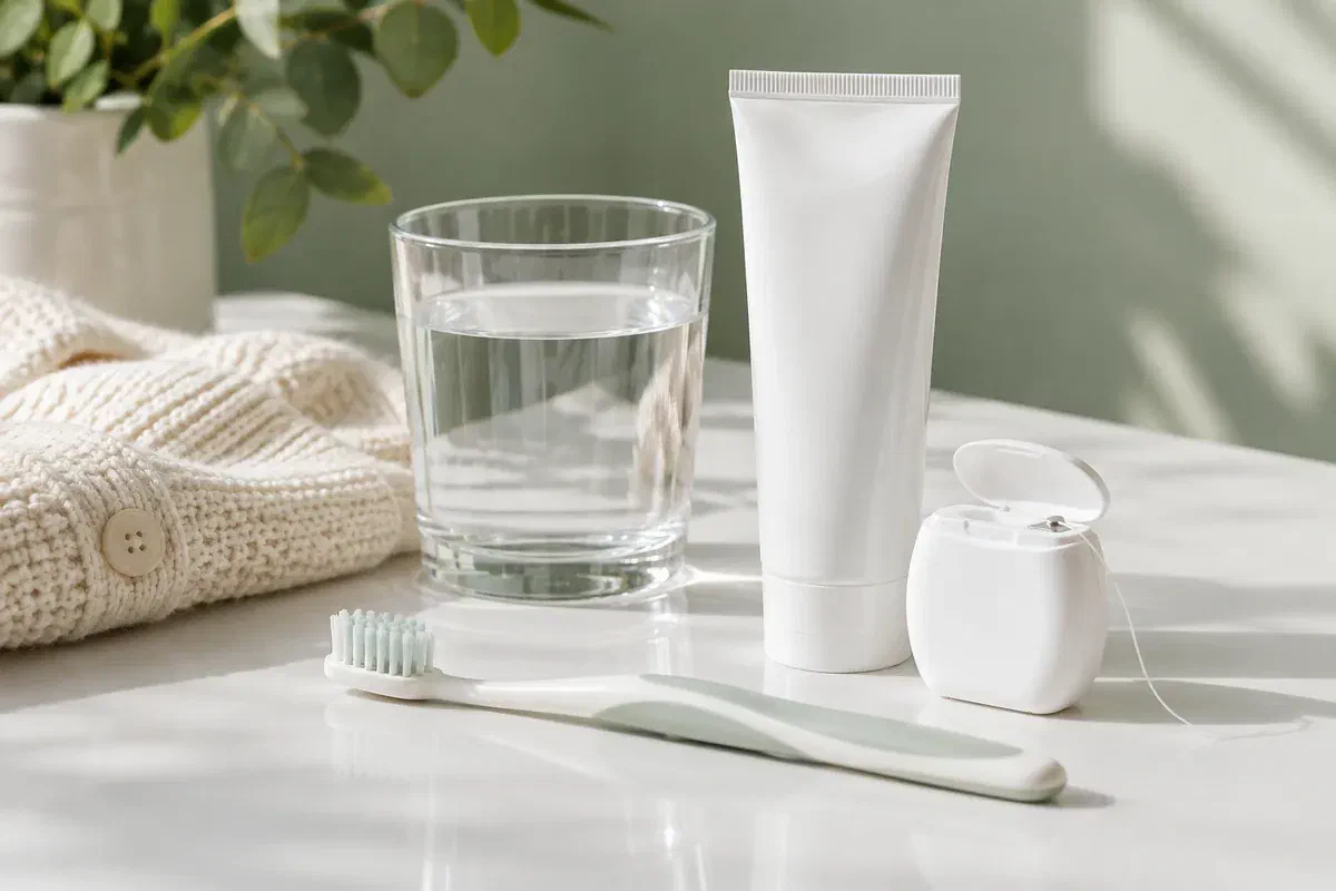 Toothbrush, toothpaste, floss, and water beside a folded cream cardigan