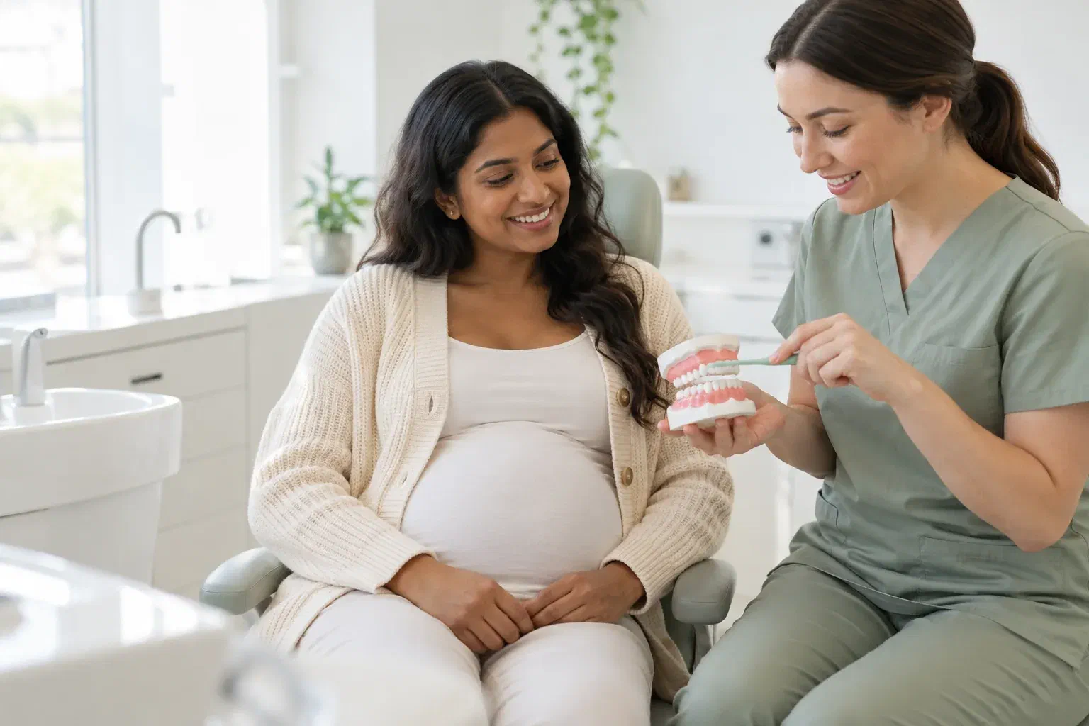 Illustrative preventive dental conversation and brushing demonstration during pregnancy