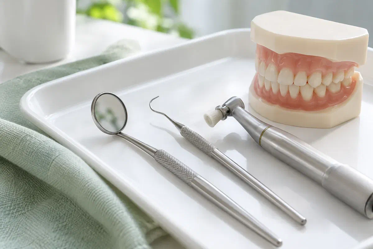 Illustrative dental mirror, scaler, polishing instrument, and teaching model