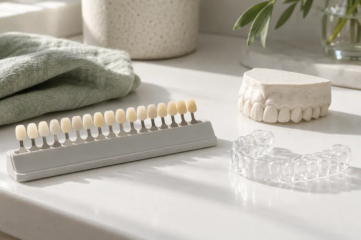 Illustrative natural tooth shade samples, a clear dental tray, and tooth model
