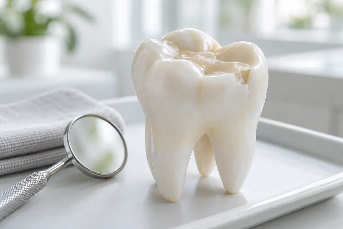 Illustrative molar model showing a small defect in a tooth-coloured filling