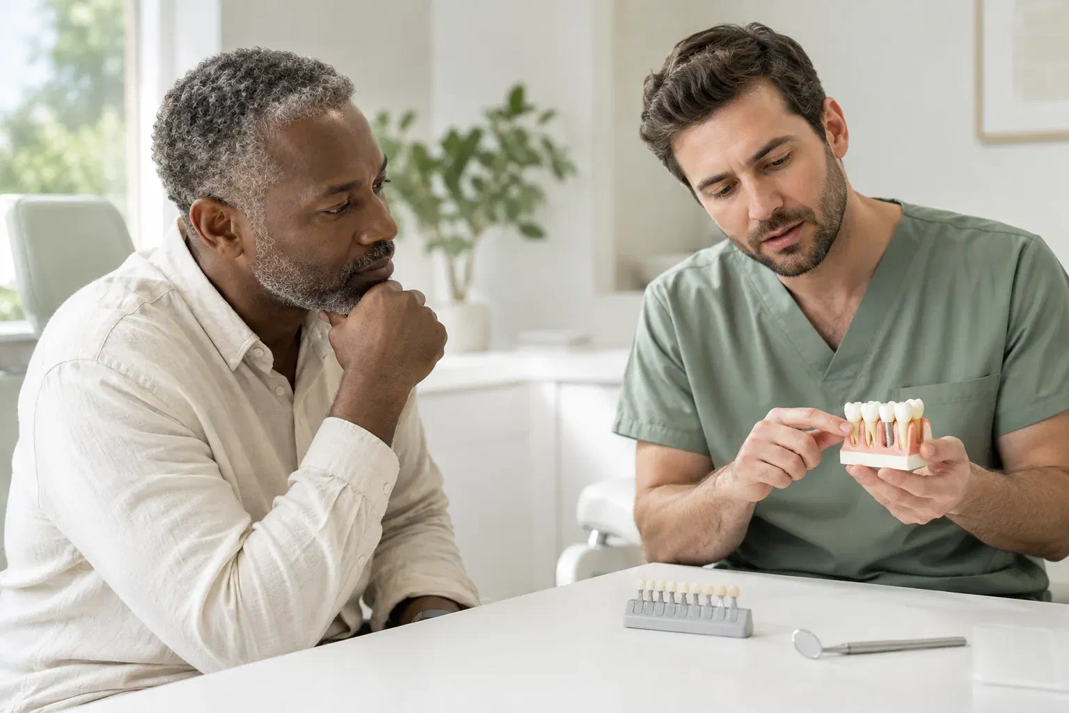 Illustrative patient and clinician reviewing a tooth model and shade samples
