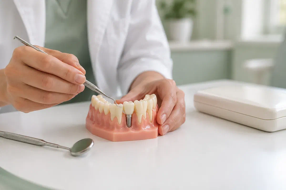 A dentist examining an illustrative jaw teaching model with an implant crown
