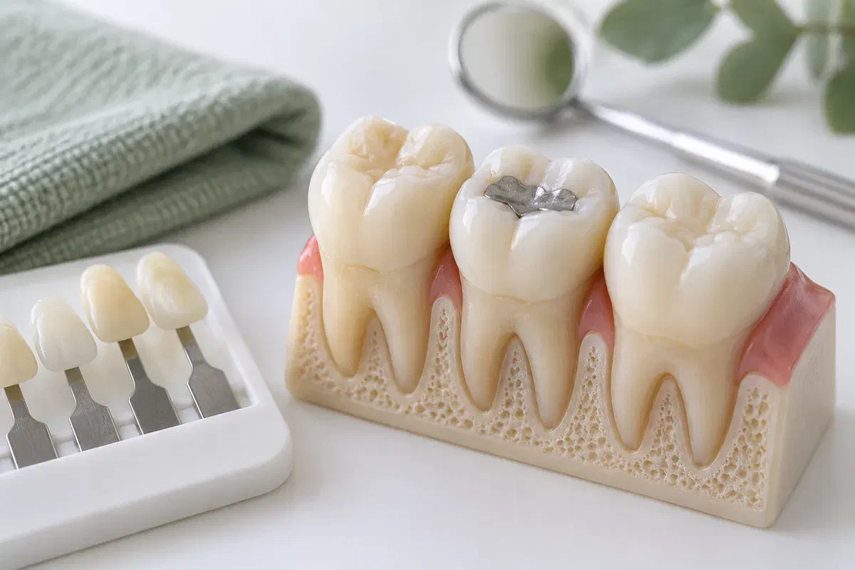 Teaching model of back teeth with a sound silver filling beside shade samples