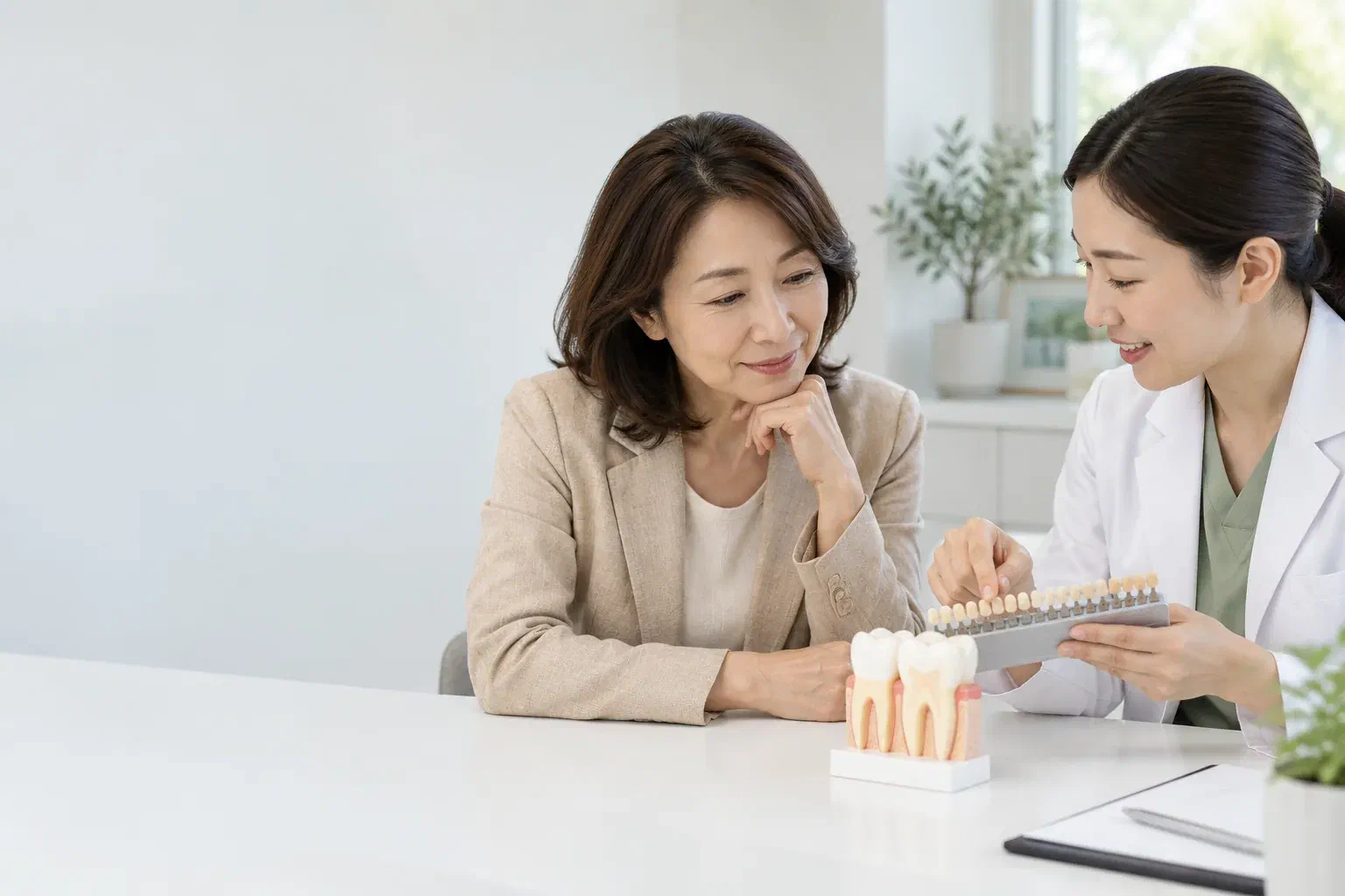 Illustrative consultation comparing options for several older restorations