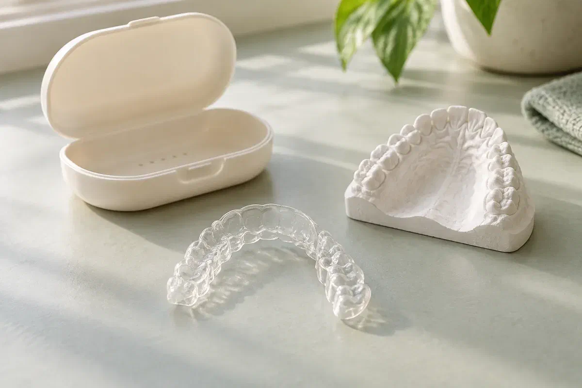 Illustrative clear upper retainer beside a protective case and dental cast