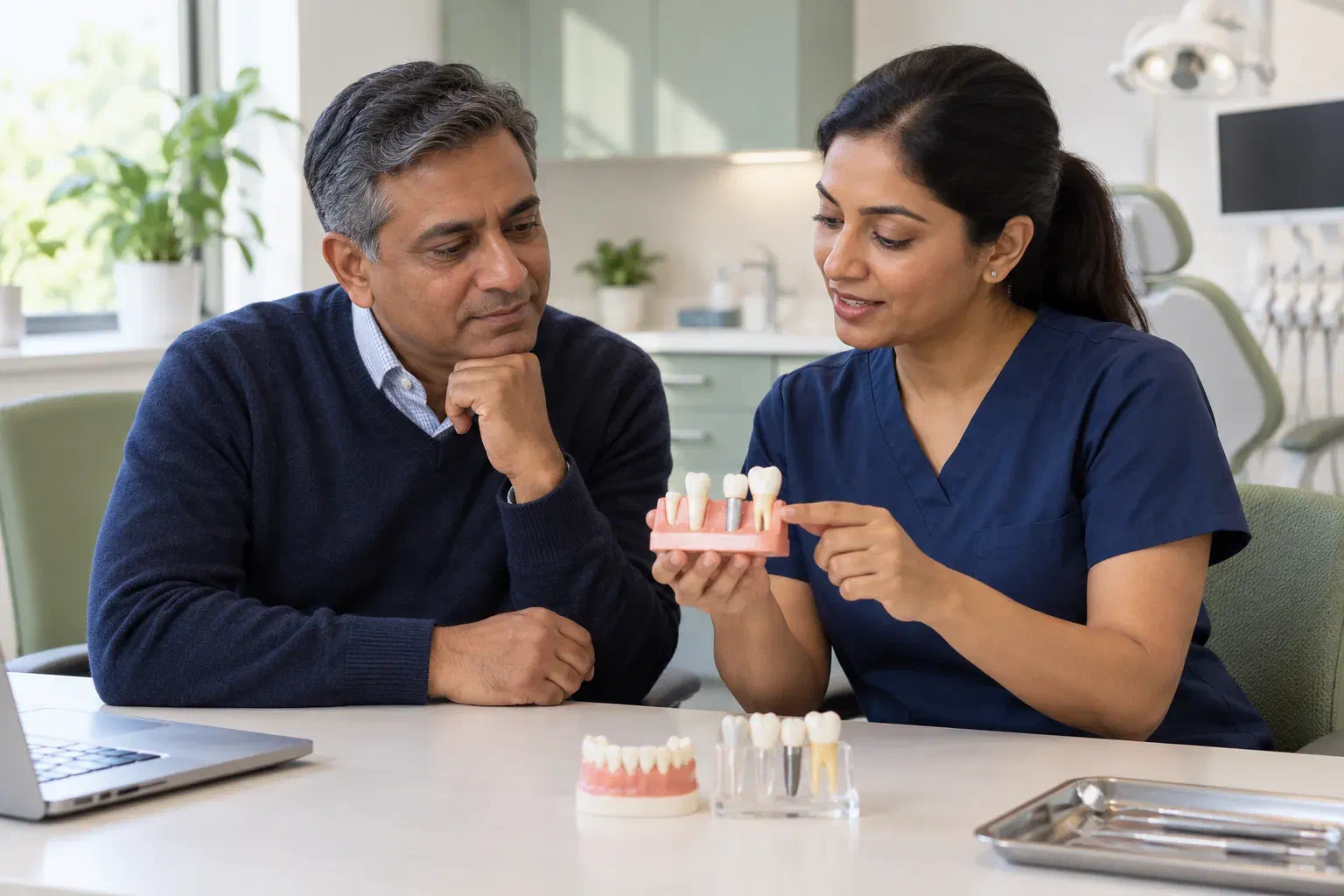 A patient discussing tooth replacement with a dental professional using a teaching model