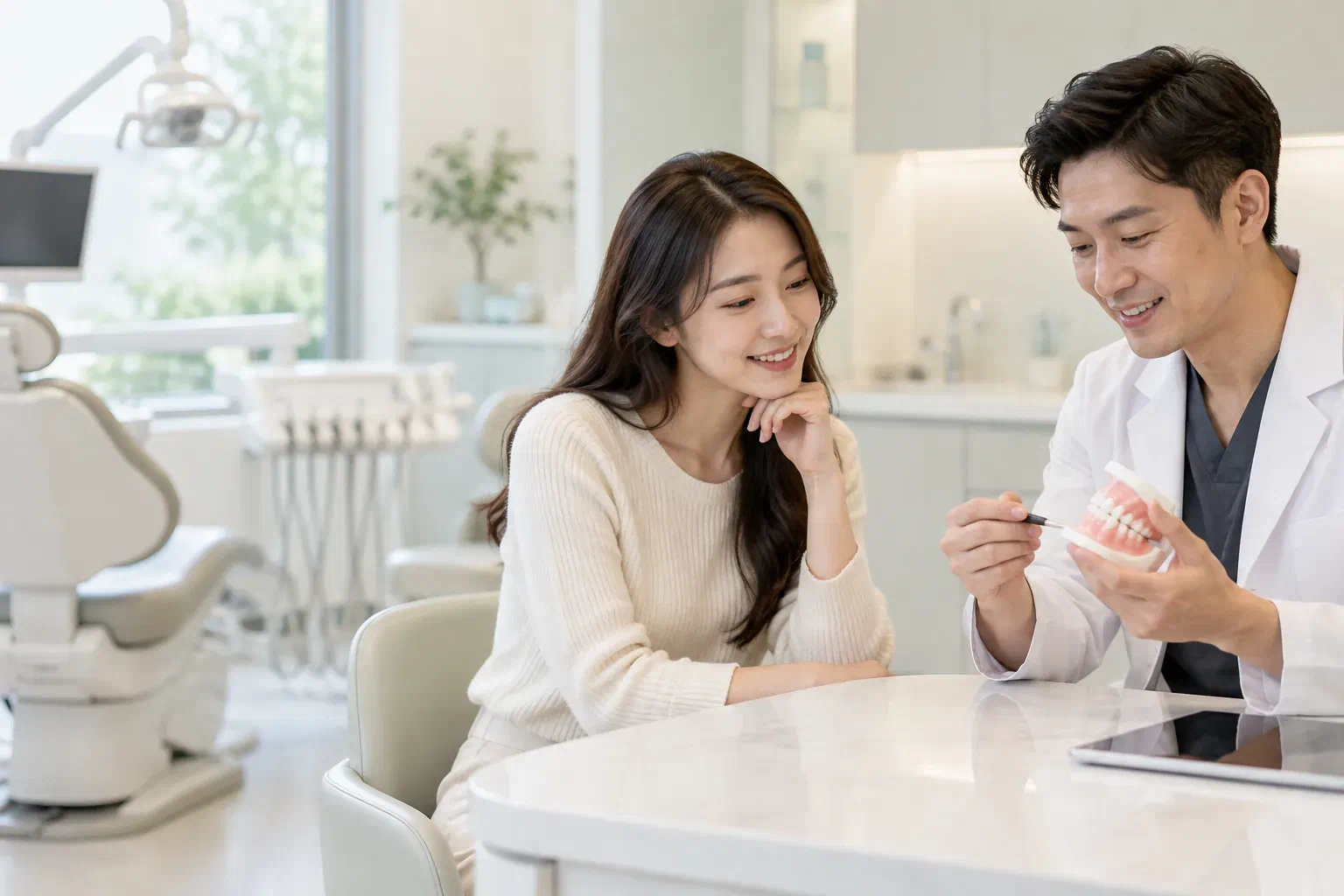 Illustrative patient discussing an enamel colour concern with a dental clinician