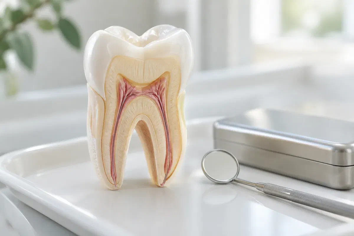 Illustrative cutaway molar teaching model used to explain the root canal space