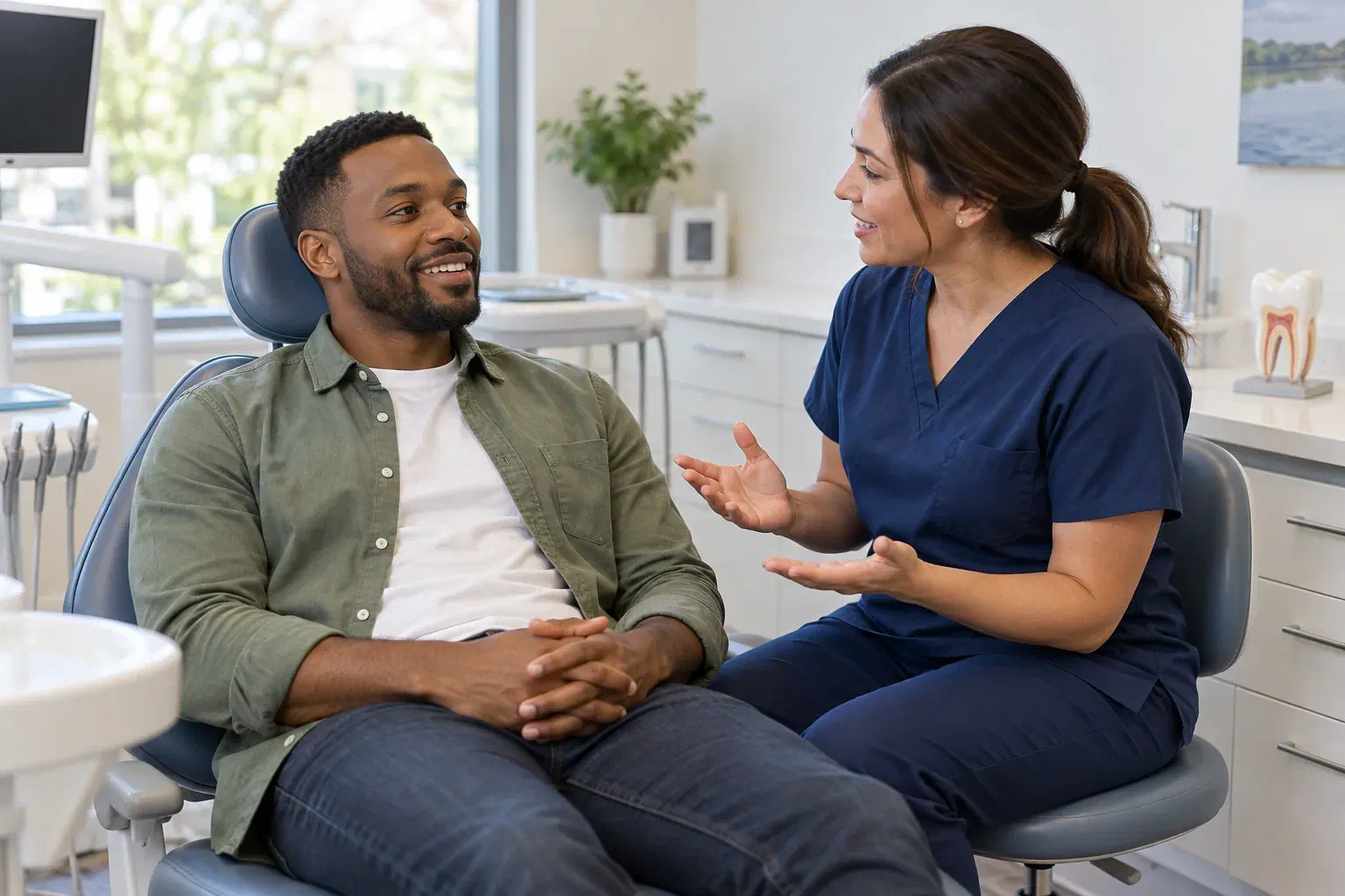 A patient speaking with a dental professional before treatment
