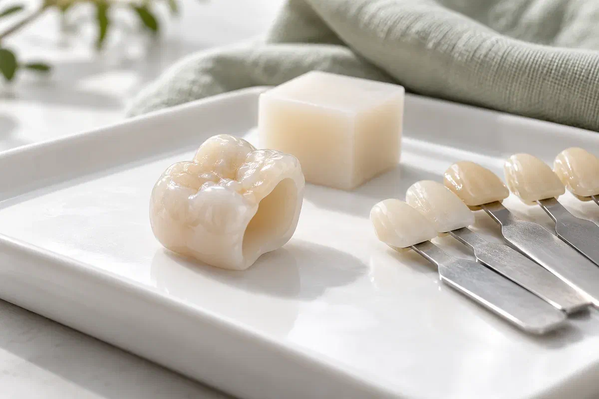 Illustrative ceramic crown, material sample, and shade guide on a white tray