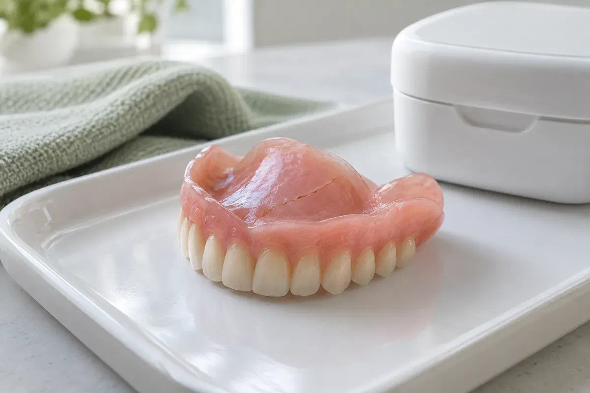 Illustrative upper denture with a fine fracture in its pink acrylic base