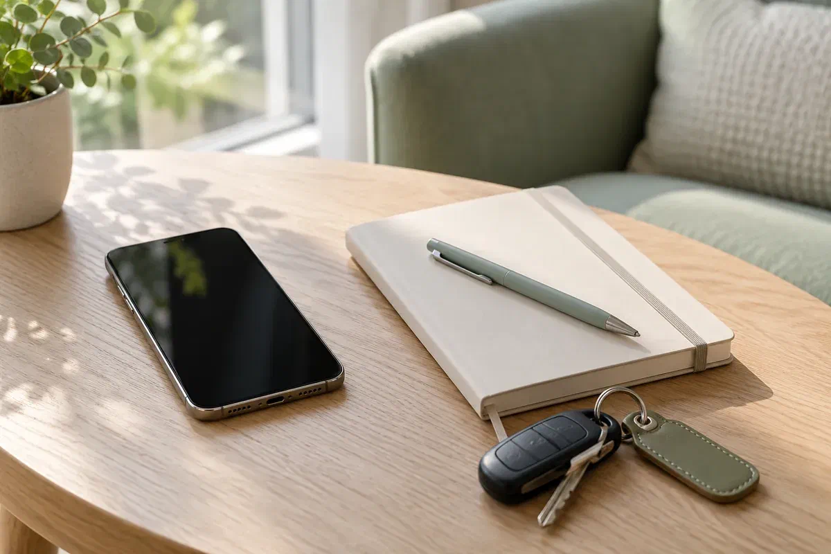 Illustrative phone, notebook, and keys for arranging a dental visit