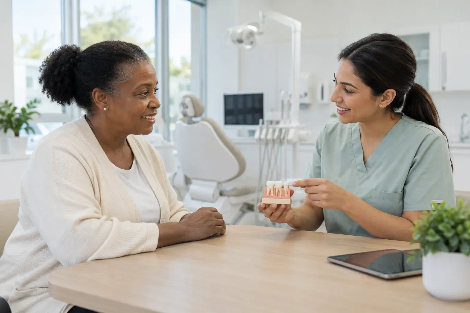Illustrative discussion of gum treatment using a dental teaching model
