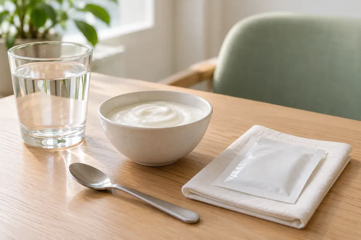 Illustrative water, soft food, and packaged gauze for planning extraction recovery