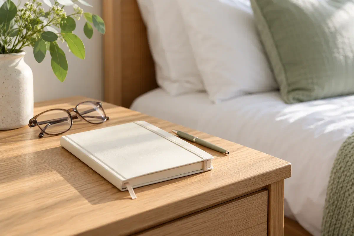 Illustrative sleep journal and glasses beside a bed in morning light