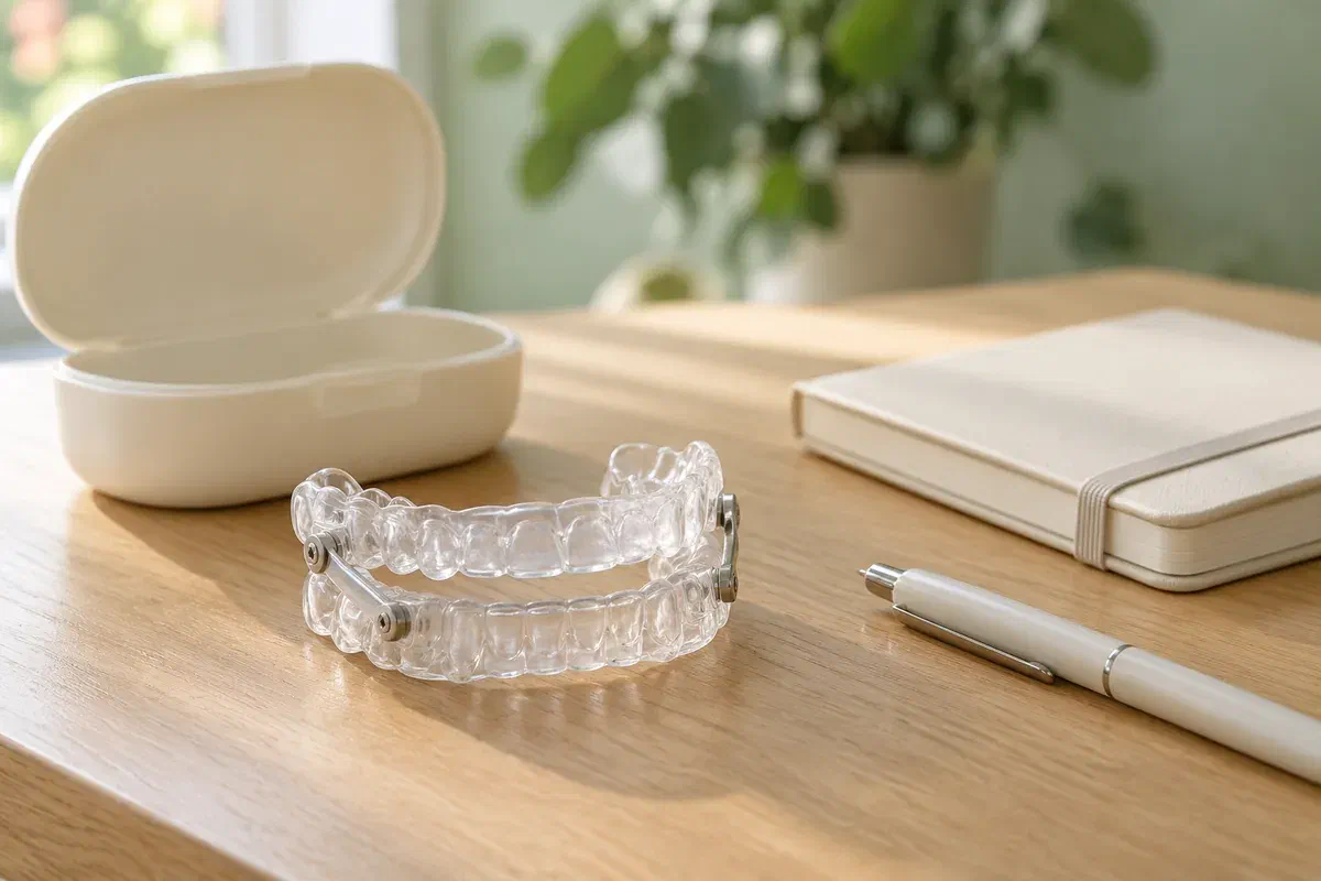 Illustrative oral sleep appliance beside its protective case and a closed journal