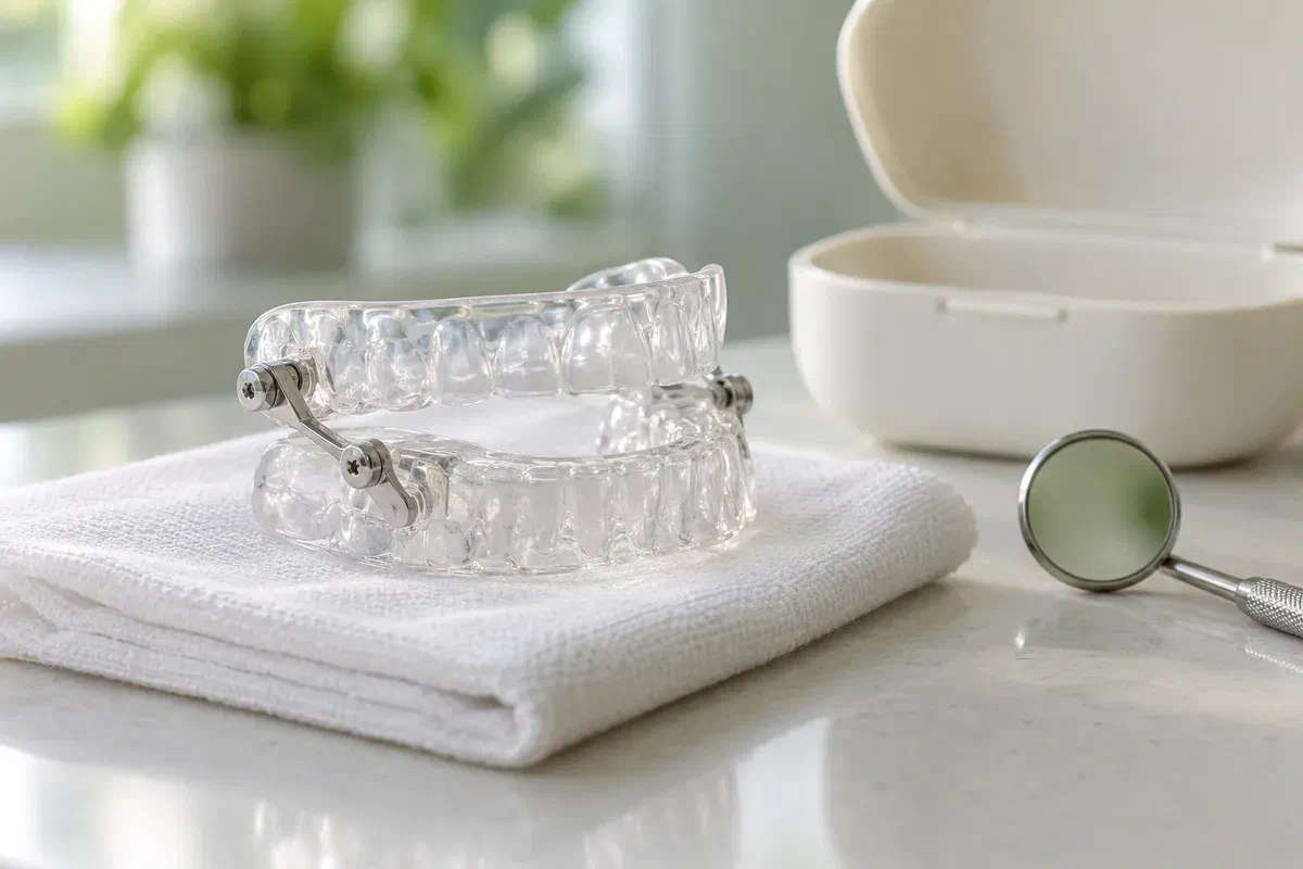 Illustrative intact sleep appliance beside a mirror and protective case before inspection