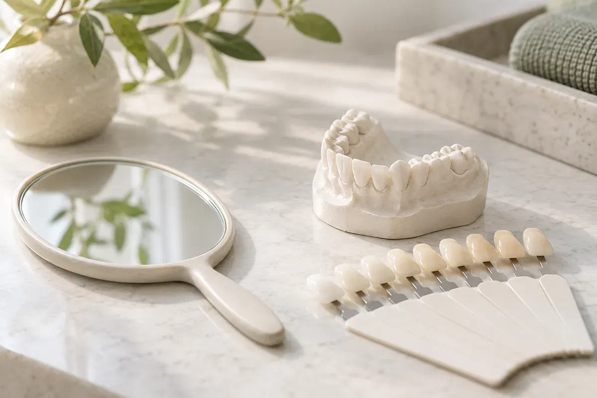 Illustrative consultation mirror, dental study cast, and natural tooth shade samples
