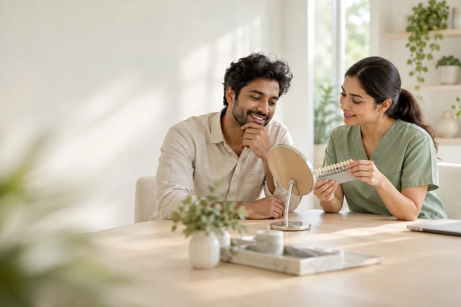 Illustrative patient and clinician discussing smile preferences with a mirror and shade guide