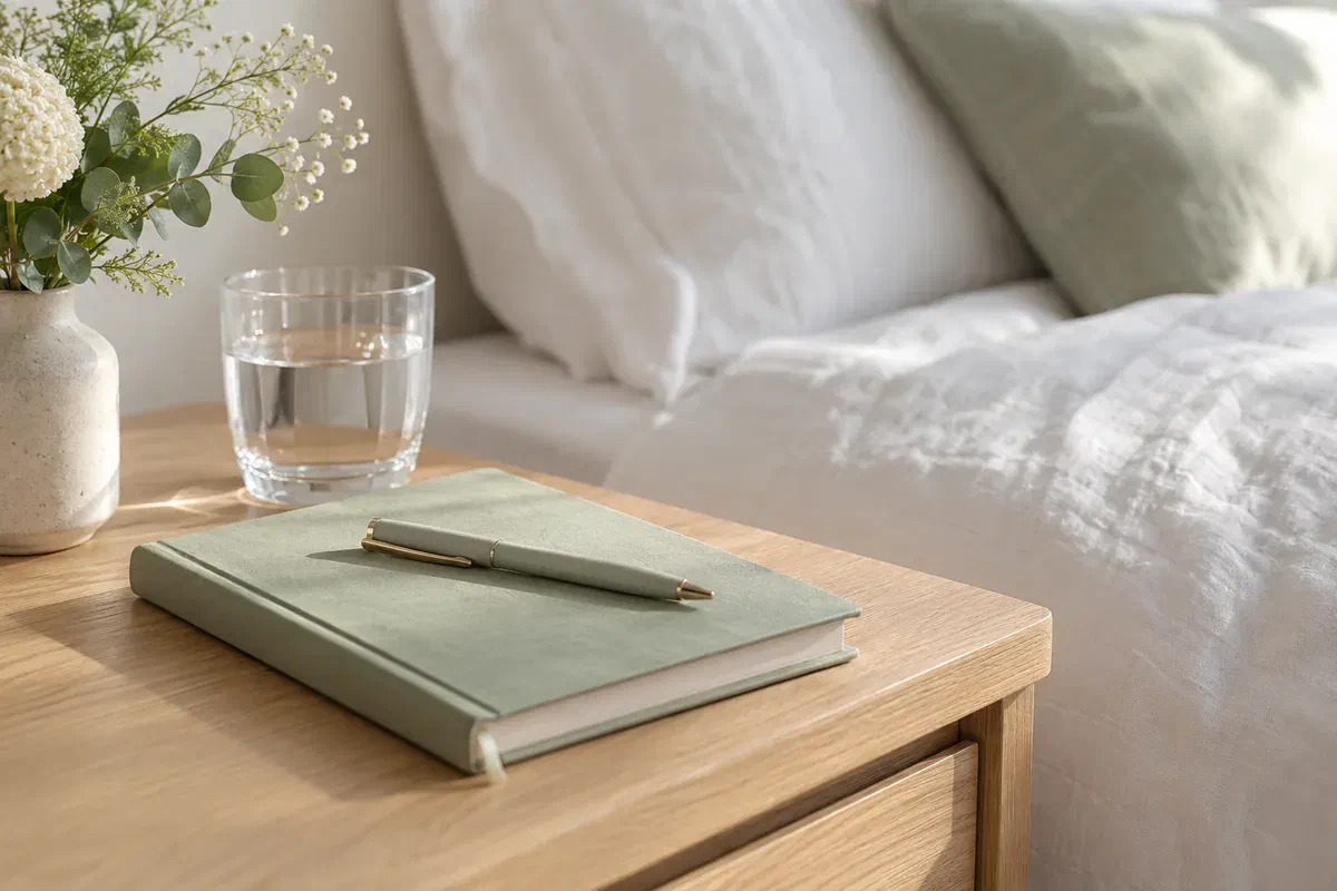 Illustrative sleep journal and pen beside a glass of water on a bedside table
