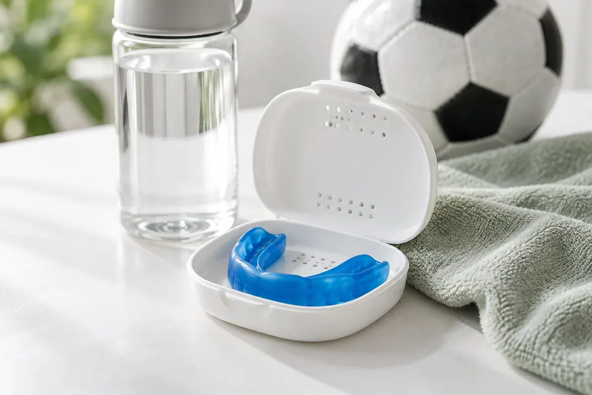 Illustrative blue sports mouthguard in a ventilated case beside sports equipment