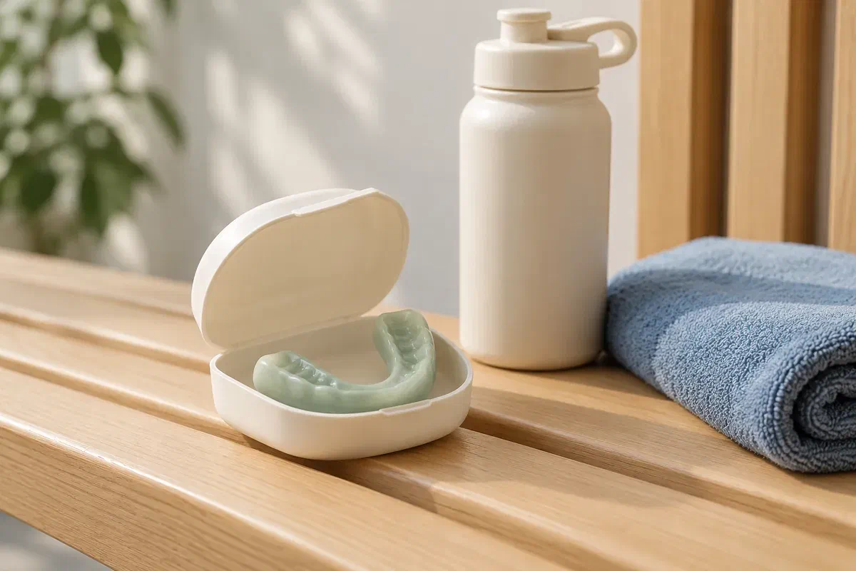 Illustrative sports mouthguard in a protective case beside a water bottle and towel
