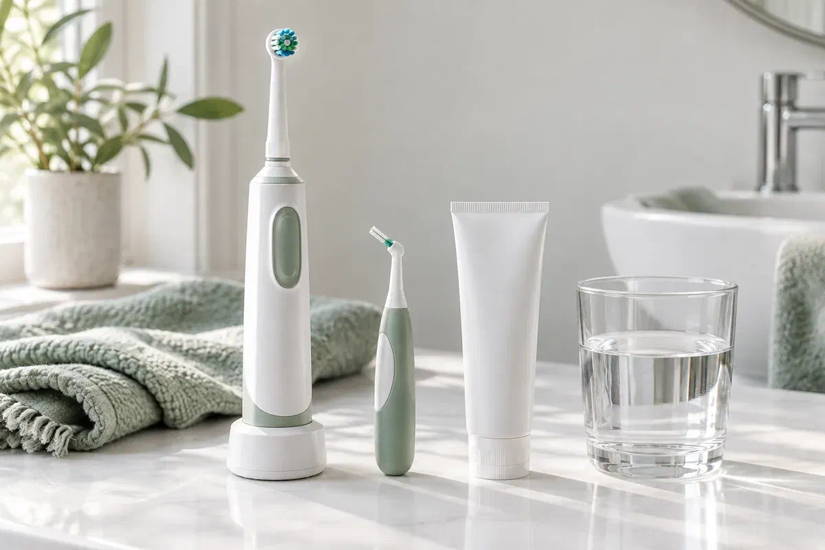 Illustrative easy-grip toothbrush and oral-care tools on a bright counter
