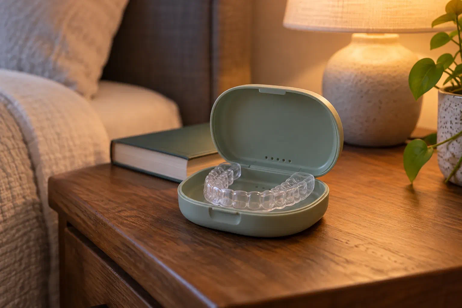 A clear dental night guard in a protective case on a bedside table