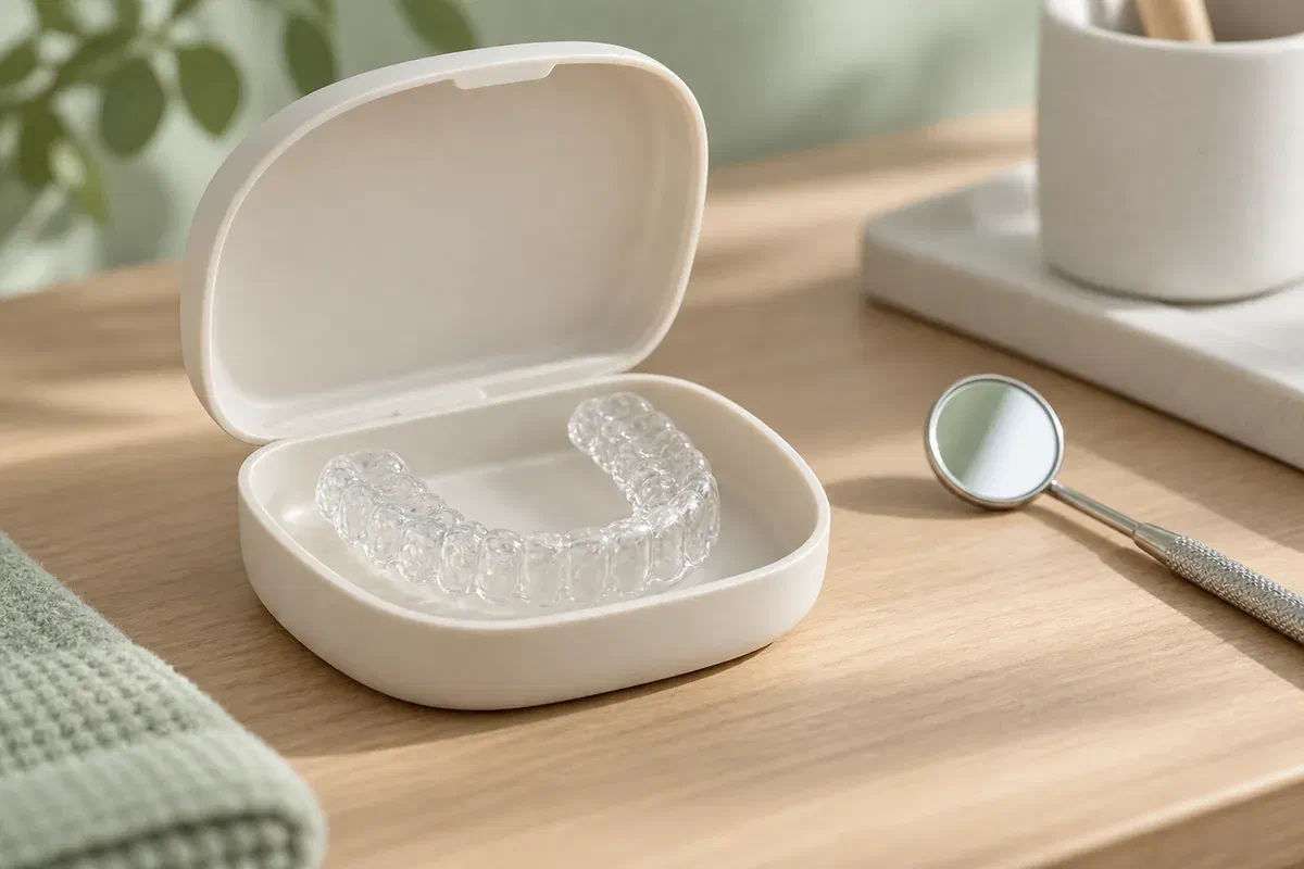Illustrative single-arch clear dental nightguard in a protective case