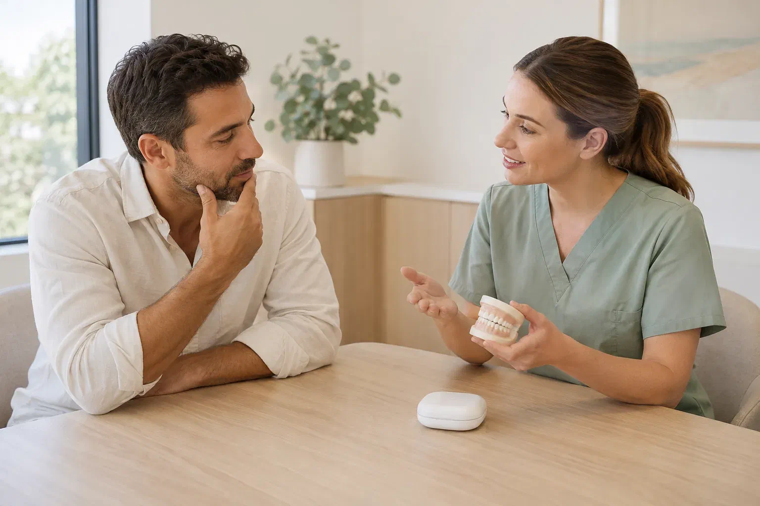 Illustrative consultation about teeth grinding and possible tooth wear