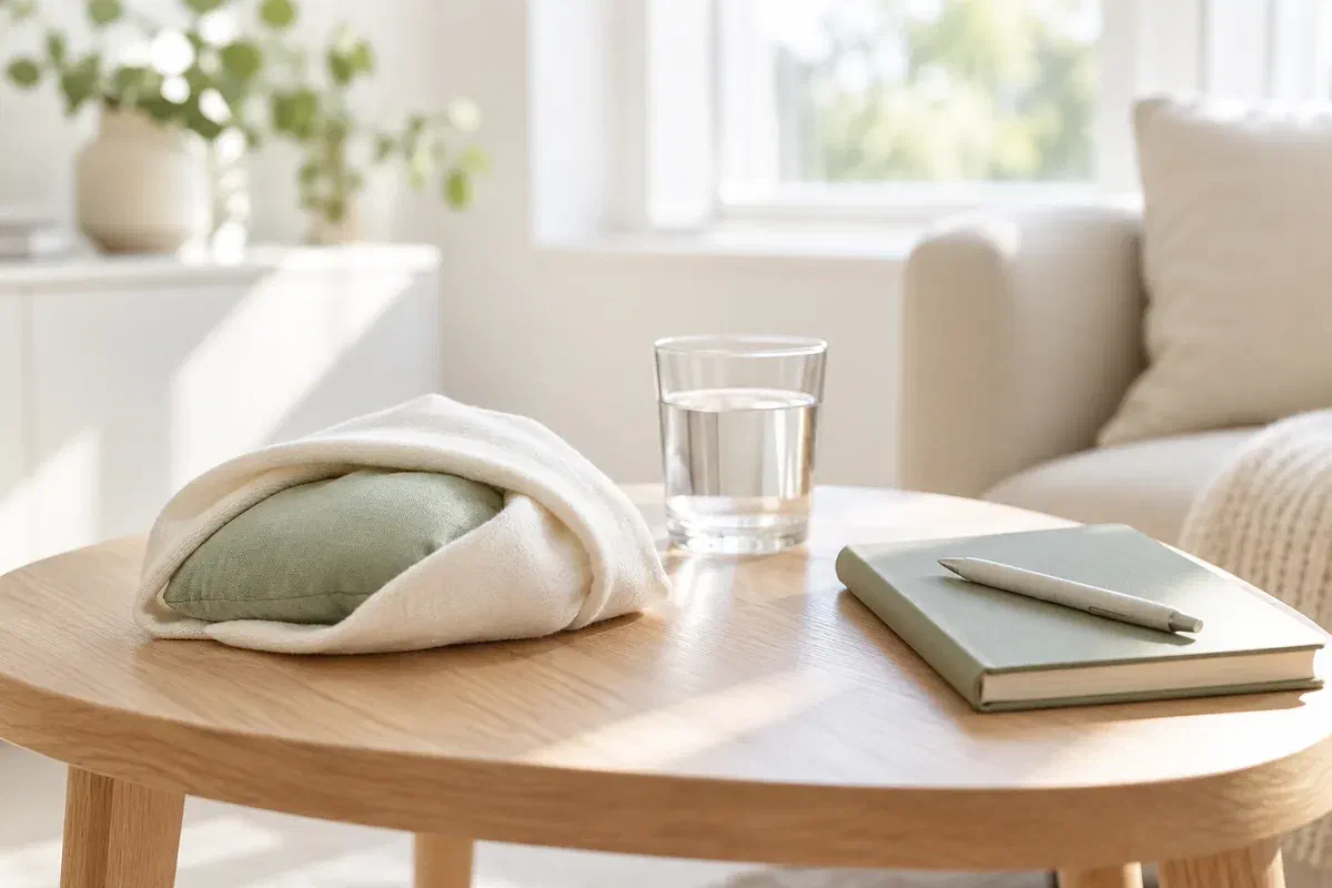 Illustrative wrapped comfort pack and notebook for a home-care discussion