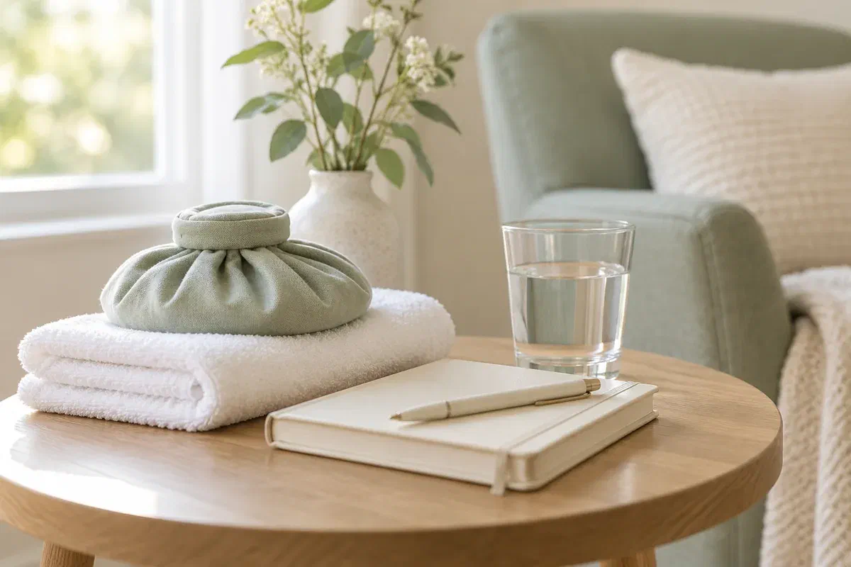 Illustrative covered comfort pack, folded towel, and journal on a home side table