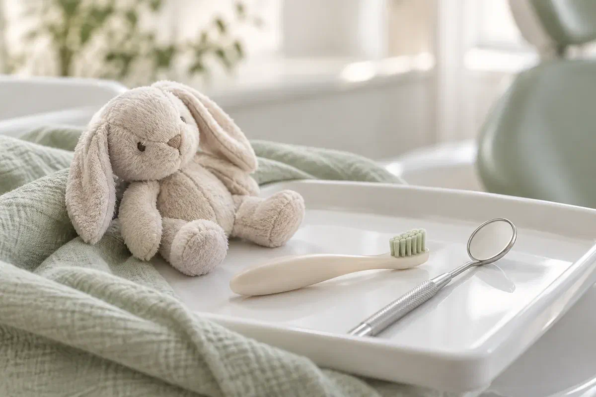 Illustrative toddler toothbrush, soft comfort toy, and dental mirror