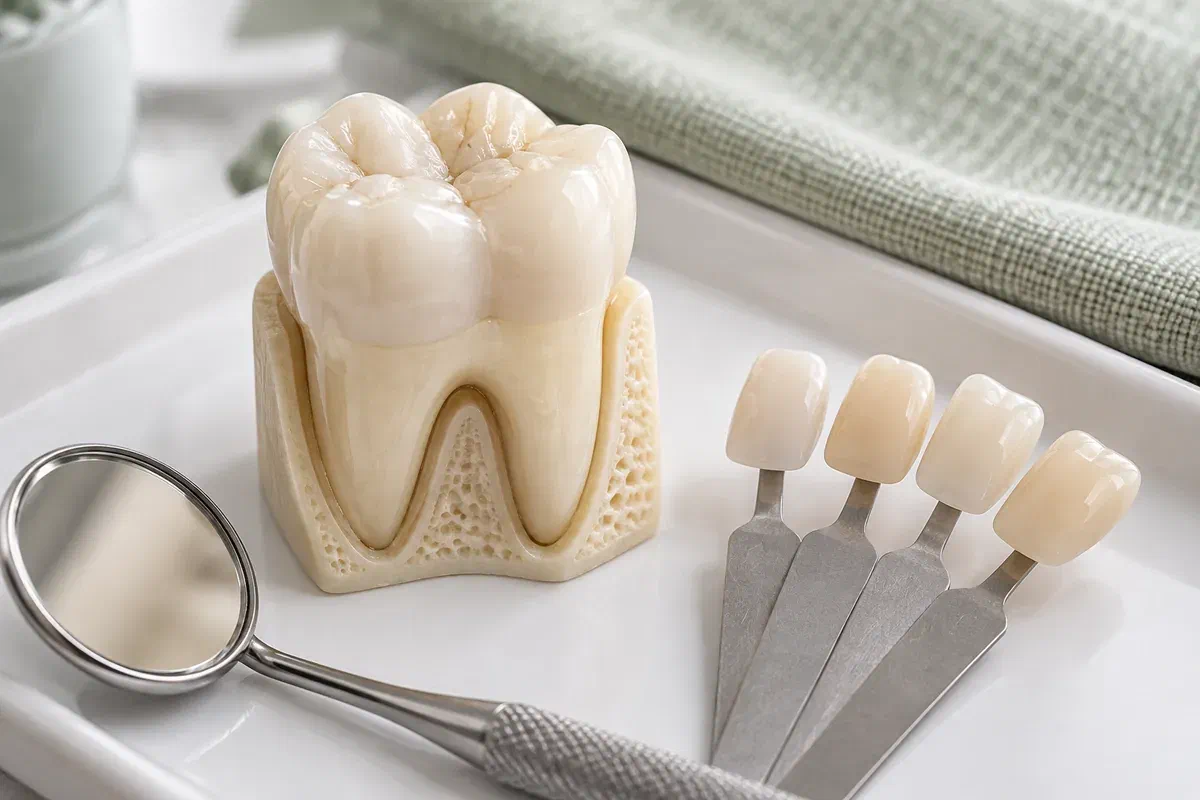 Illustrative molar model beside dental shade samples and a mirror