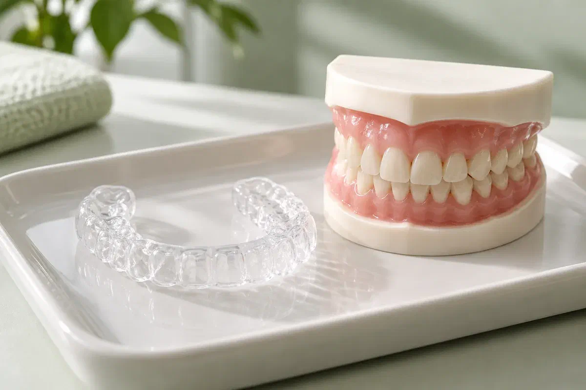 Illustrative clear dental night guard beside a teaching model with worn tooth edges