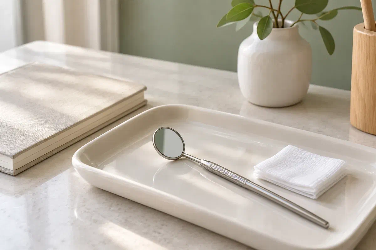 Illustrative examination mirror and clean gauze prepared beside a consultation notebook