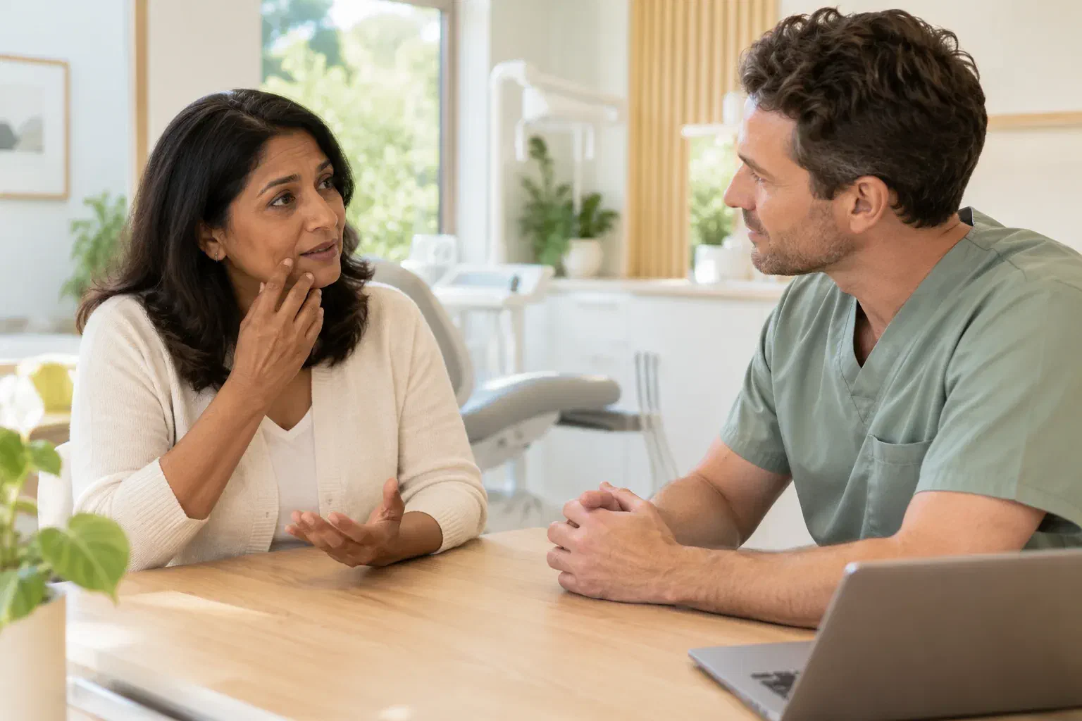 Illustrative conversation between a patient and dental clinician about a suspected infection