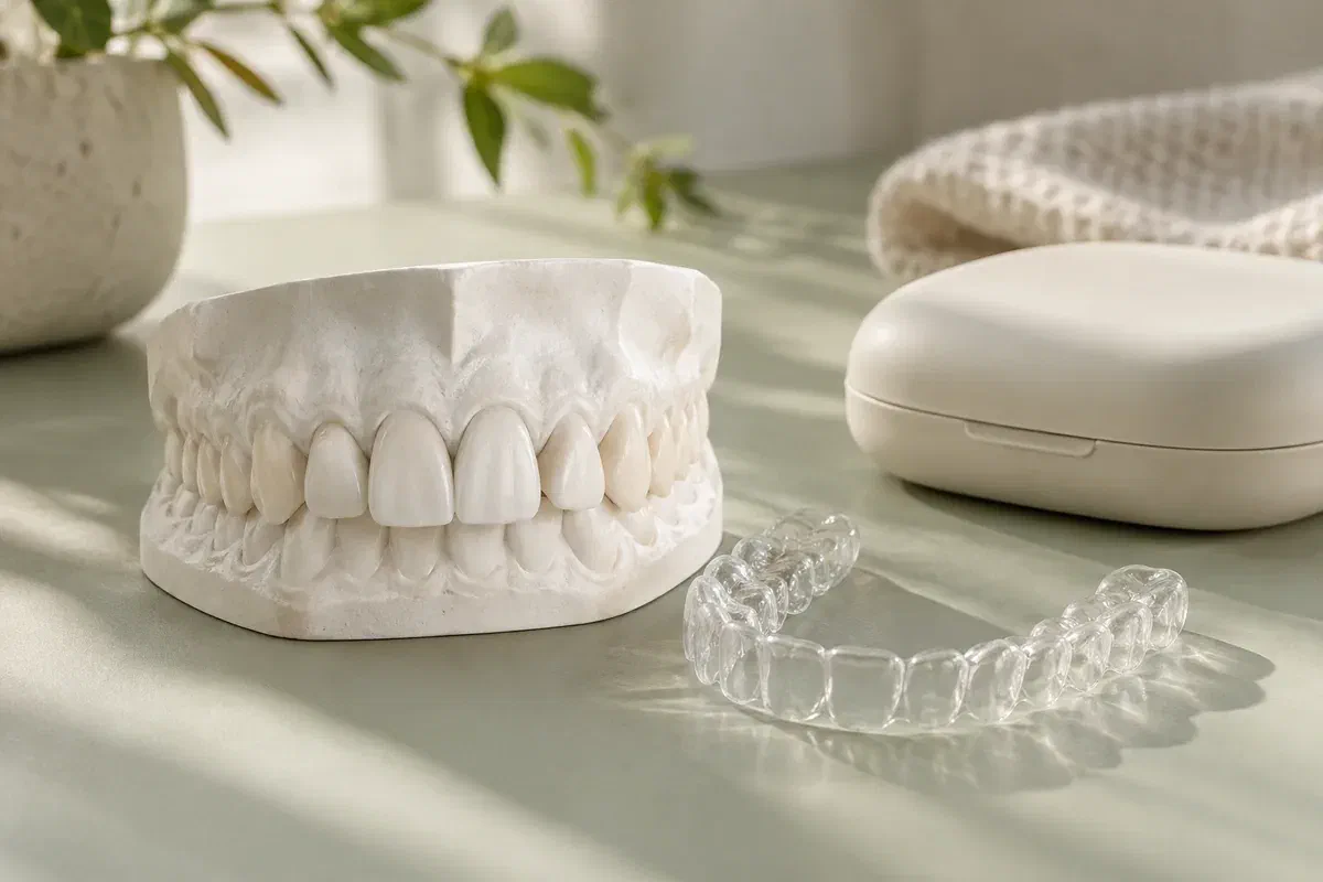 Illustrative dental study cast with a subtly rotated front tooth beside a clear appliance and case