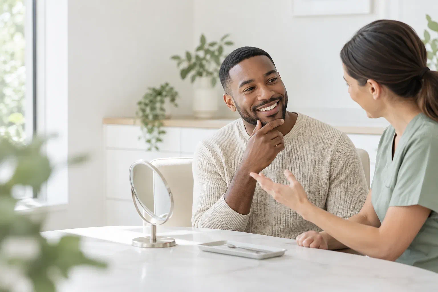 Illustrative patient and clinician discussing smile alignment at a consultation desk