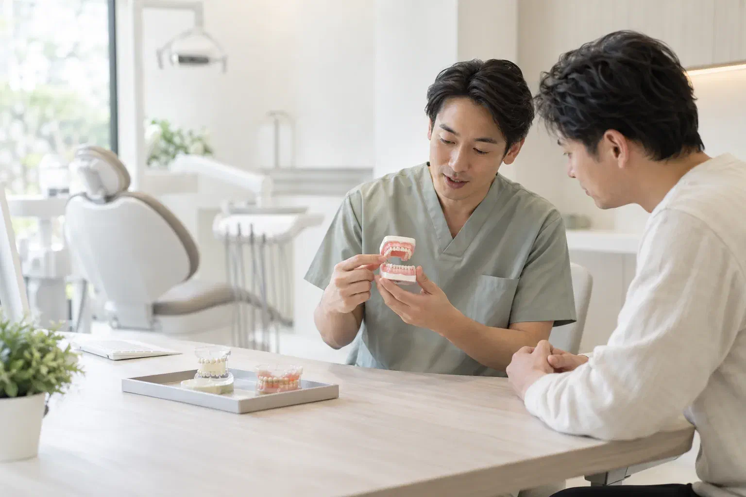 Illustrative patient and clinician discussing the relationship of upper and lower teeth with a model