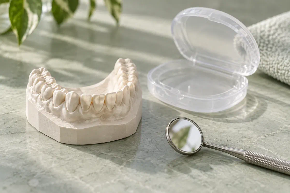 Illustrative lower dental study cast with mild front-tooth overlap beside a case and mirror