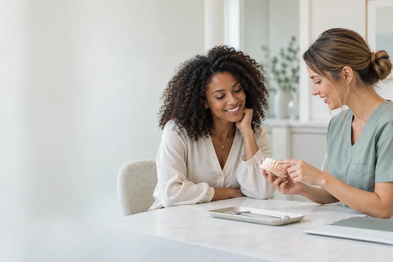 Illustrative patient and clinician discussing tooth spacing with a dental study model
