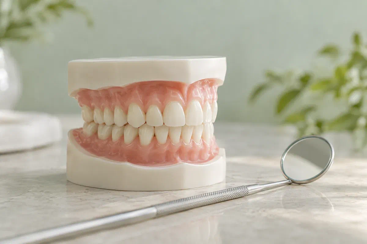 Illustrative paired dental teaching model viewed from the side to show front-tooth overlap
